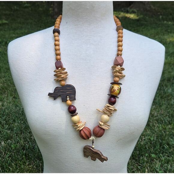 VTG 70s Boho Tribal Necklace Wood Beads Carved Elephant Pendant Earthy Artisan - Picture 2 of 14